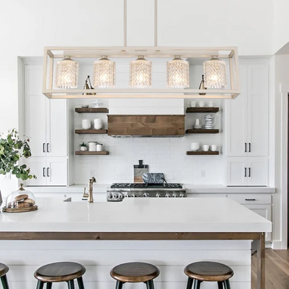 Modern nickel dust rectangular chandelier with rippled glass crystal shades and adjustable height, ideal for kitchen islands and dining rooms


