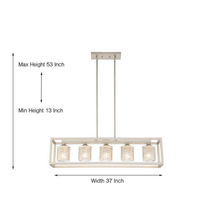 Modern nickel dust rectangular chandelier with rippled glass crystal shades and adjustable height, ideal for kitchen islands and dining rooms

