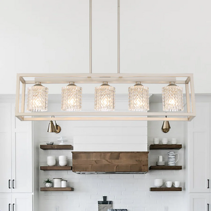 Modern nickel dust rectangular chandelier with rippled glass crystal shades and adjustable height, ideal for kitchen islands and dining rooms

