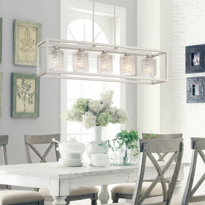 Modern nickel dust rectangular chandelier with rippled glass crystal shades and adjustable height, ideal for kitchen islands and dining rooms

