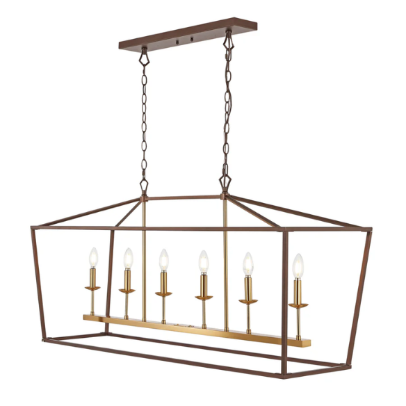 Oil rubbed bronze and brass gold lantern-style pendant light with exposed LED bulb and adjustable chain for kitchens, dining rooms, or entryways

