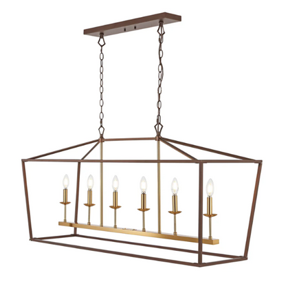 Oil rubbed bronze and brass gold lantern-style pendant light with exposed LED bulb and adjustable chain for kitchens, dining rooms, or entryways

