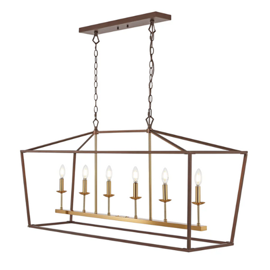 Oil rubbed bronze and brass gold lantern-style pendant light with exposed LED bulb and adjustable chain for kitchens, dining rooms, or entryways


