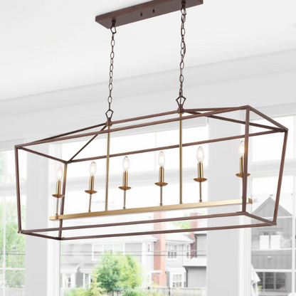 Oil rubbed bronze and brass gold lantern-style pendant light with exposed LED bulb and adjustable chain for kitchens, dining rooms, or entryways

