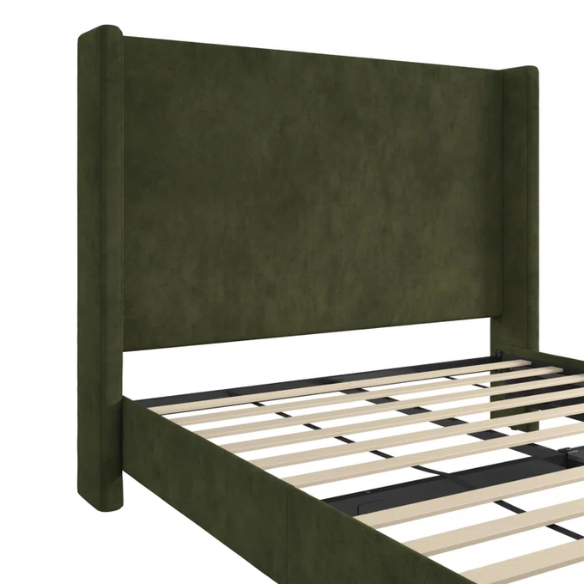 Olive drab soft woven queen-size platform bed with tall wingback tufted headboard and black tapered legs.

