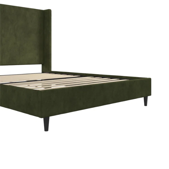 Olive drab soft woven queen-size platform bed with tall wingback tufted headboard and black tapered legs.

