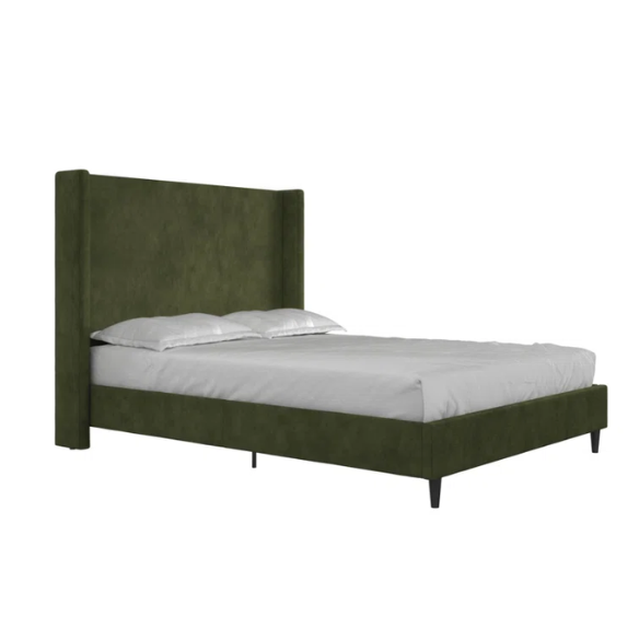 Olive drab soft woven queen-size platform bed with tall wingback tufted headboard and black tapered legs.

