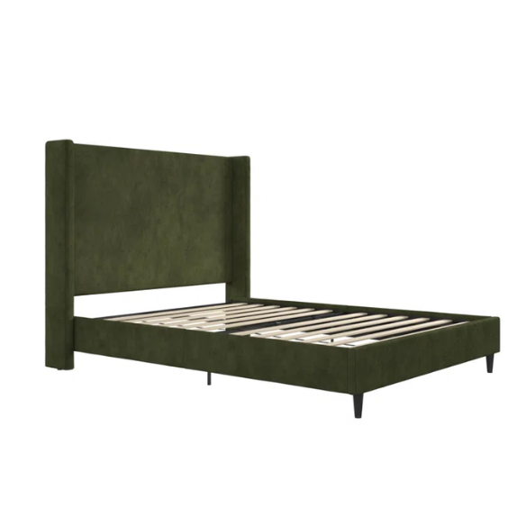 Olive drab soft woven queen-size platform bed with tall wingback tufted headboard and black tapered legs.

