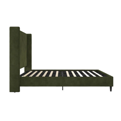 Olive drab soft woven queen-size platform bed with tall wingback tufted headboard and black tapered legs.

