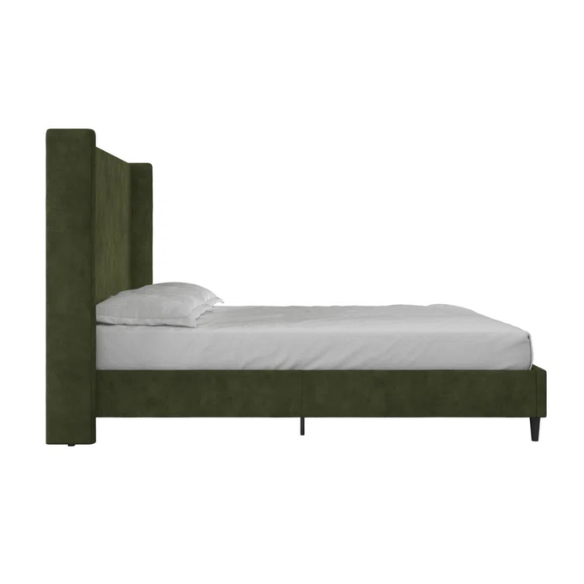 Olive drab soft woven queen-size platform bed with tall wingback tufted headboard and black tapered legs.

