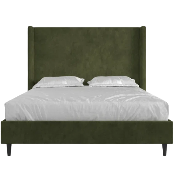 Olive drab soft woven queen-size platform bed with tall wingback tufted headboard and black tapered legs.

