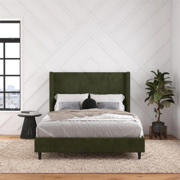 Olive drab soft woven queen-size platform bed with tall wingback tufted headboard and black tapered legs.

