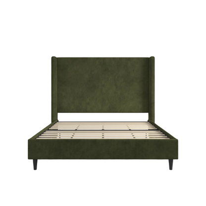 Olive drab soft woven queen-size platform bed with tall wingback tufted headboard and black tapered legs.

