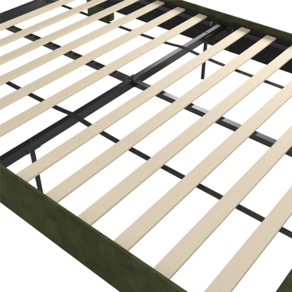 Olive drab soft woven queen-size platform bed with tall wingback tufted headboard and black tapered legs.

