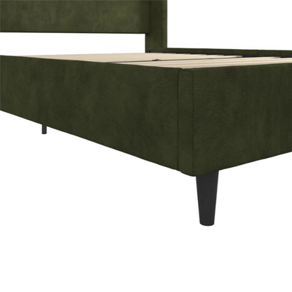 Olive drab soft woven queen-size platform bed with tall wingback tufted headboard and black tapered legs.

