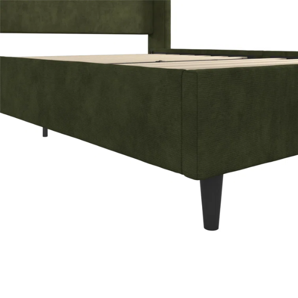 Olive drab soft woven queen-size platform bed with tall wingback tufted headboard and black tapered legs.

