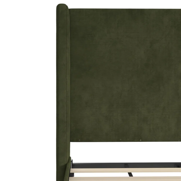 Olive drab soft woven queen-size platform bed with tall wingback tufted headboard and black tapered legs.


