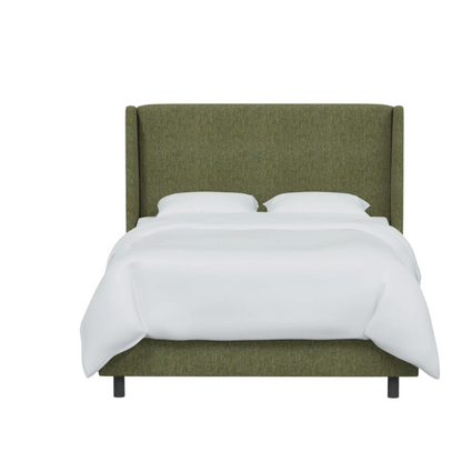 Olive green king-size upholstered bed in tweed fabric with wingback headboard and low-profile black metal legs.

