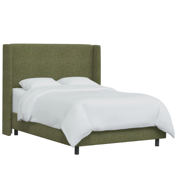 Olive green king-size upholstered bed in tweed fabric with wingback headboard and low-profile black metal legs.

