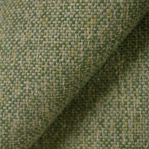 Olive green king-size upholstered bed in tweed fabric with wingback headboard and low-profile black metal legs.

