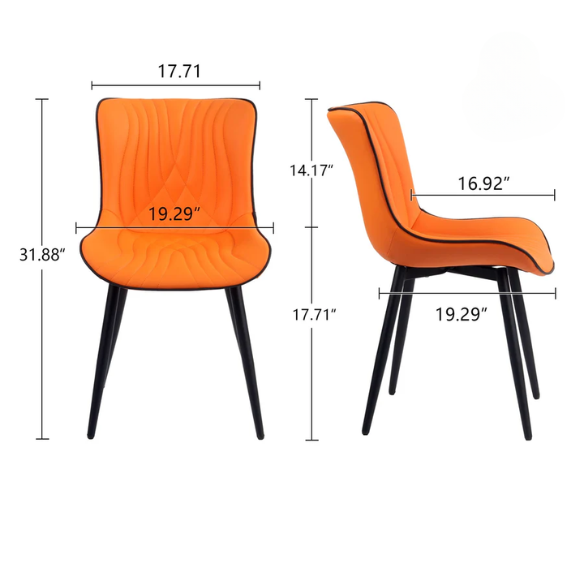 Set of 2 orange and black dining chairs with faux leather fishtail backs and metal legs, perfect for modern and contemporary interiors.

