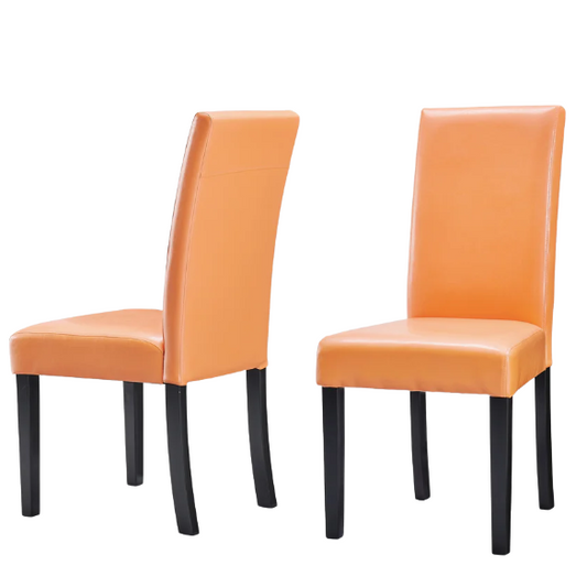 Set of 2 orange PU leather Parsons dining chairs with padded seats and solid wood legs, ideal for adding color and comfort to a modern dining space.

