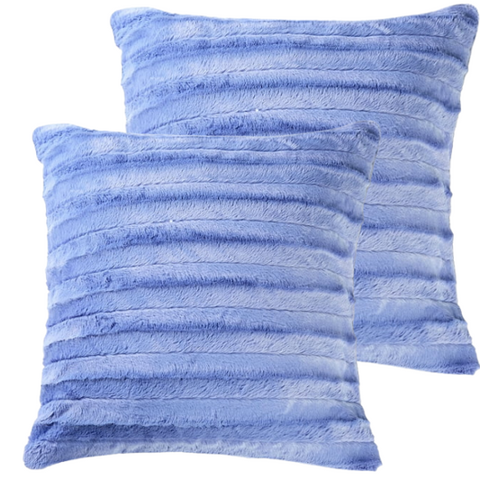 Set of two periwinkle faux fur throw pillows, 18x18 inches, square plush decorative cushions with microfiber fill—ideal for soft, pastel-toned interiors, nurseries, and cozy lounges

