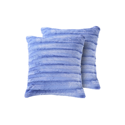 Set of two periwinkle faux fur throw pillows, 18x18 inches, square plush decorative cushions with microfiber fill—ideal for soft, pastel-toned interiors, nurseries, and cozy lounges

