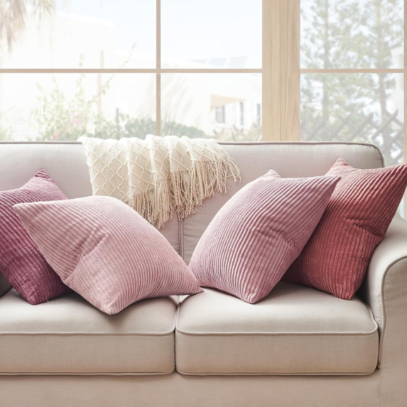Set of 4 pink striped corduroy pillow covers – 18x18 decorative cushion covers in blush, rose, and dusty pink gradient with hidden zippers for feminine, boho, or modern decor.