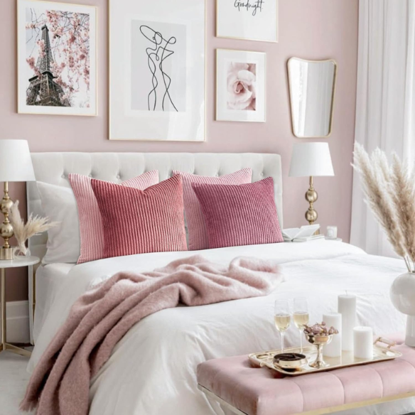 Set of 4 pink striped corduroy pillow covers – 18x18 decorative cushion covers in blush, rose, and dusty pink gradient with hidden zippers for feminine, boho, or modern decor.