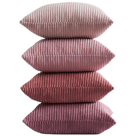 Set of 4 pink striped corduroy pillow covers – 18x18 decorative cushion covers in blush, rose, and dusty pink gradient with hidden zippers for feminine, boho, or modern decor.