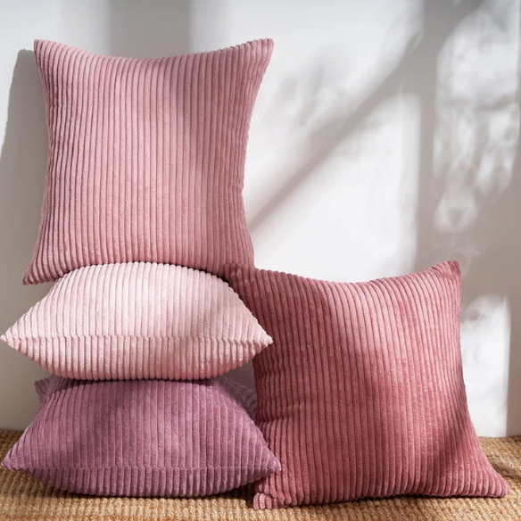 Set of 4 pink striped corduroy pillow covers – 18x18 decorative cushion covers in blush, rose, and dusty pink gradient with hidden zippers for feminine, boho, or modern decor.