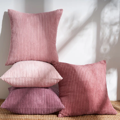 Set of 4 pink striped corduroy pillow covers – 18x18 decorative cushion covers in blush, rose, and dusty pink gradient with hidden zippers for feminine, boho, or modern decor.