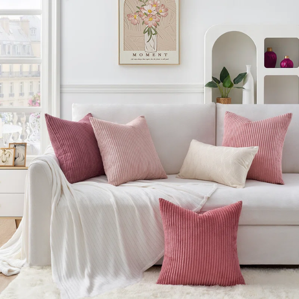 Set of 4 pink striped corduroy pillow covers – 18x18 decorative cushion covers in blush, rose, and dusty pink gradient with hidden zippers for feminine, boho, or modern decor.
