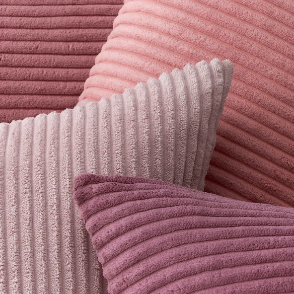 Set of 4 pink striped corduroy pillow covers – 18x18 decorative cushion covers in blush, rose, and dusty pink gradient with hidden zippers for feminine, boho, or modern decor.