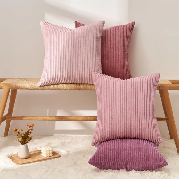 Set of 4 pink striped corduroy pillow covers – 18x18 decorative cushion covers in blush, rose, and dusty pink gradient with hidden zippers for feminine, boho, or modern decor.