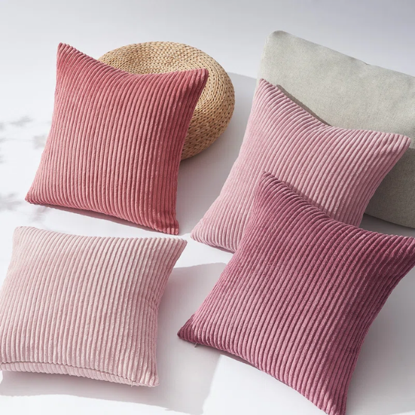 Set of 4 pink striped corduroy pillow covers – 18x18 decorative cushion covers in blush, rose, and dusty pink gradient with hidden zippers for feminine, boho, or modern decor.