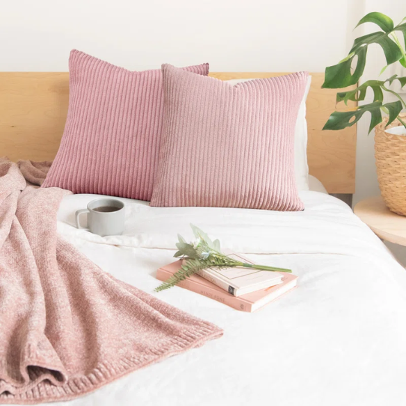 Set of 4 pink striped corduroy pillow covers – 18x18 decorative cushion covers in blush, rose, and dusty pink gradient with hidden zippers for feminine, boho, or modern decor.