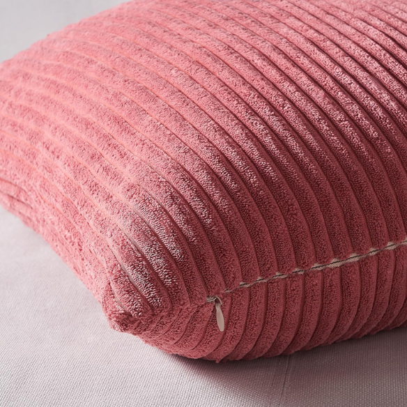 Set of 4 pink striped corduroy pillow covers – 18x18 decorative cushion covers in blush, rose, and dusty pink gradient with hidden zippers for feminine, boho, or modern decor.