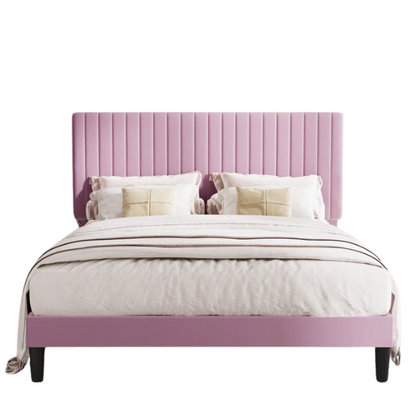 Pink velvet upholstered queen bed with tufted rectangular headboard and low-profile frame.


