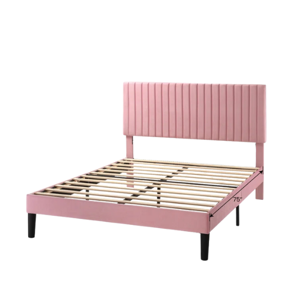Pink velvet upholstered queen bed with tufted rectangular headboard and low-profile frame.

