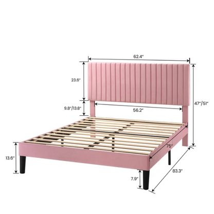 Pink velvet upholstered queen bed with tufted rectangular headboard and low-profile frame.

