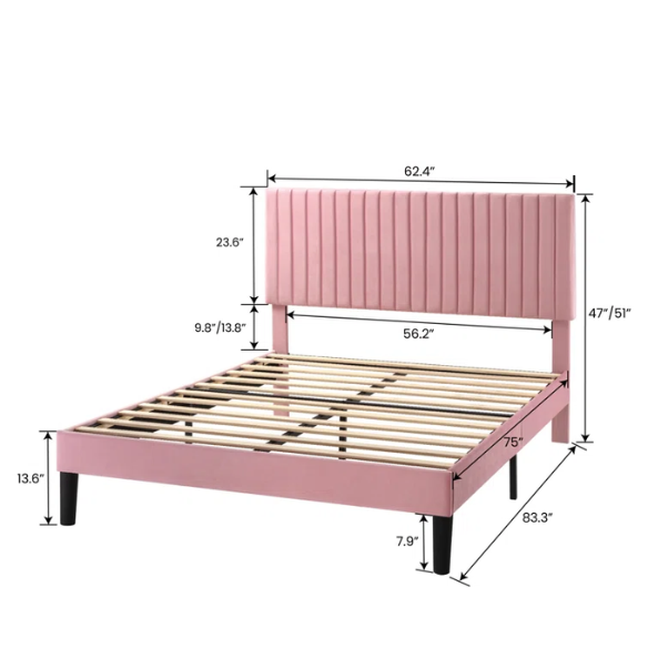 Pink velvet upholstered queen bed with tufted rectangular headboard and low-profile frame.

