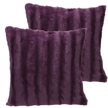 Set of two purple faux fur throw pillows, 18x18 inches, square plush decorative cushions with microfiber fill—perfect for adding vibrant color and comfort to sofas, beds, and modern interiors

