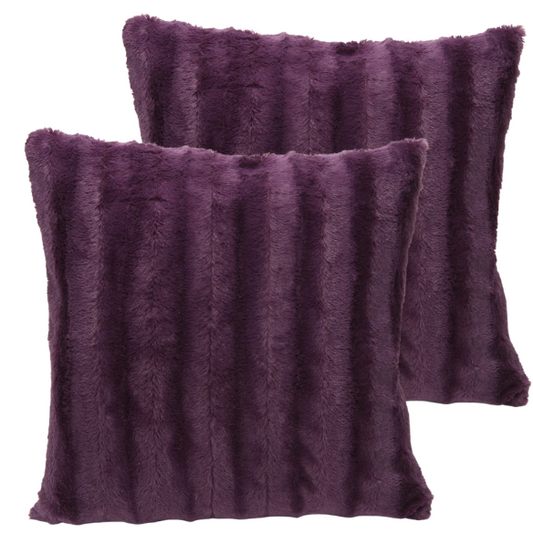 Set of two purple faux fur throw pillows, 18x18 inches, square plush decorative cushions with microfiber fill—perfect for adding vibrant color and comfort to sofas, beds, and modern interiors

