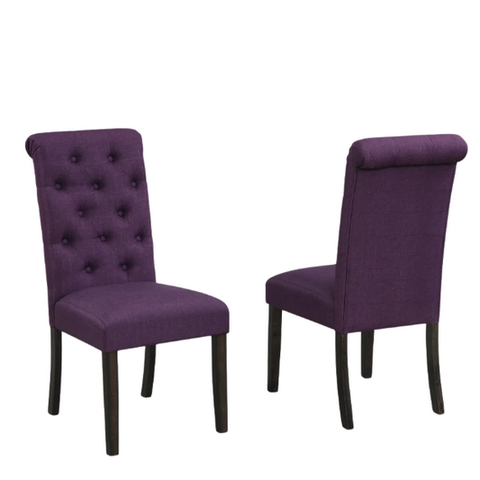 Set of 2 purple tufted high-back dining chairs with espresso-finished solid wood legs and soft polyester upholstery—ideal for adding color and elegance to dining spaces.

