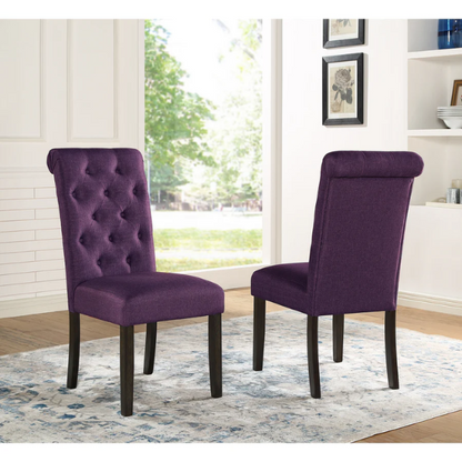 Set of 2 purple tufted high-back dining chairs with espresso-finished solid wood legs and soft polyester upholstery—ideal for adding color and elegance to dining spaces.

