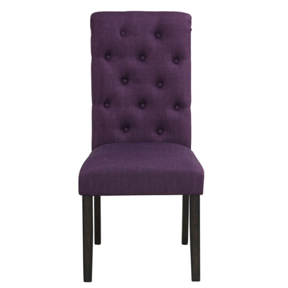 Set of 2 purple tufted high-back dining chairs with espresso-finished solid wood legs and soft polyester upholstery—ideal for adding color and elegance to dining spaces.

