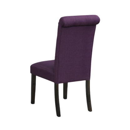 Set of 2 purple tufted high-back dining chairs with espresso-finished solid wood legs and soft polyester upholstery—ideal for adding color and elegance to dining spaces.

