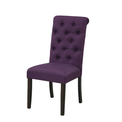 Set of 2 purple tufted high-back dining chairs with espresso-finished solid wood legs and soft polyester upholstery—ideal for adding color and elegance to dining spaces.


